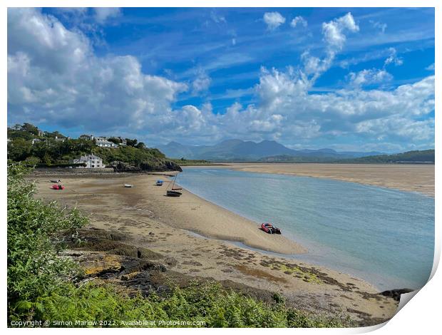 Looking across the sand at Borth Y Gest in North Wales Print by Simon Marlow