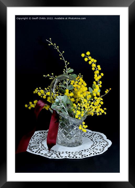 Wattle blossoms in a crystal glass vase vase on black. Wattle da Framed Mounted Print by Geoff Childs