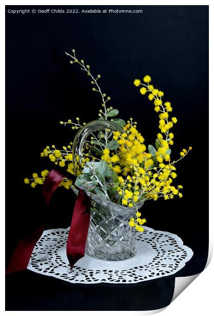 Wattle blossoms in a crystal glass vase vase on black. Wattle da Print by Geoff Childs