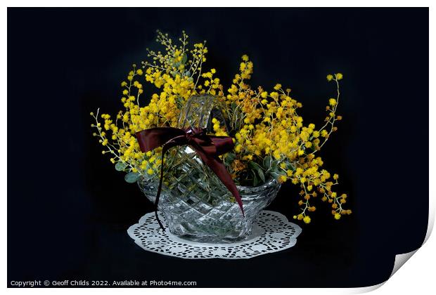 Wattle blossoms in a crystal glass basket vase on black. Wattle  Print by Geoff Childs