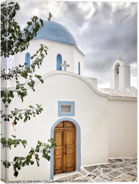 Greek Chapel with Blue Dome Lefkes, Paros,  Greece Canvas Print by Julie Gresty