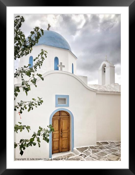 Greek Chapel with Blue Dome Lefkes, Paros,  Greece Framed Mounted Print by Julie Gresty