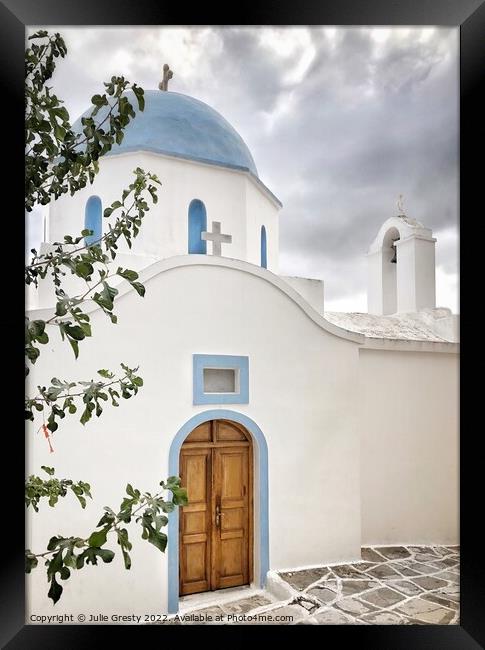 Greek Chapel with Blue Dome Lefkes, Paros,  Greece Framed Print by Julie Gresty