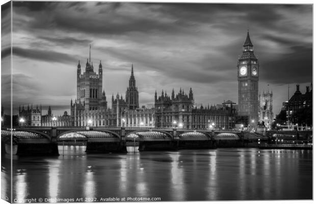 Westminster palace and Big Ben at night in London Canvas Print by Delphimages Art