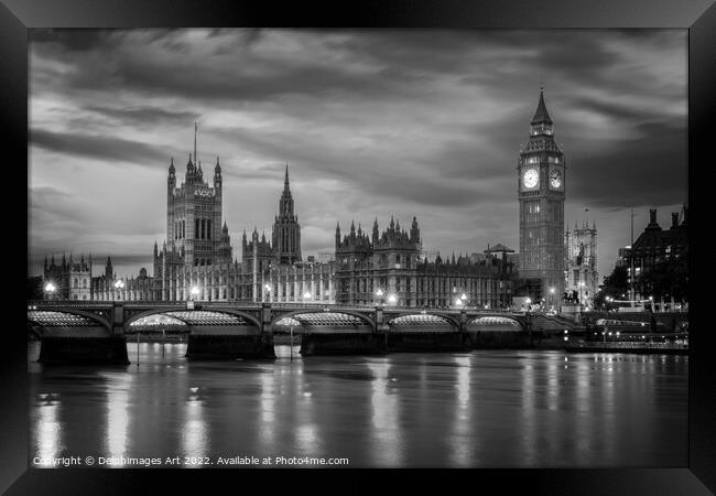 Westminster palace and Big Ben at night in London Framed Print by Delphimages Art