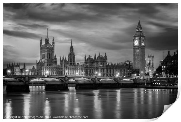 Westminster palace and Big Ben at night in London Print by Delphimages Art