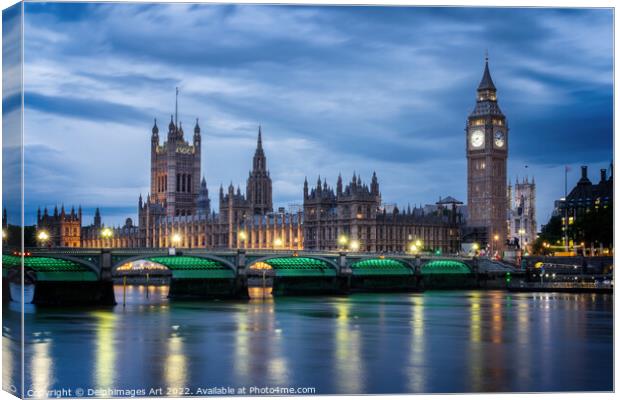 London. Westminster palace and bridge at night Canvas Print by Delphimages Art