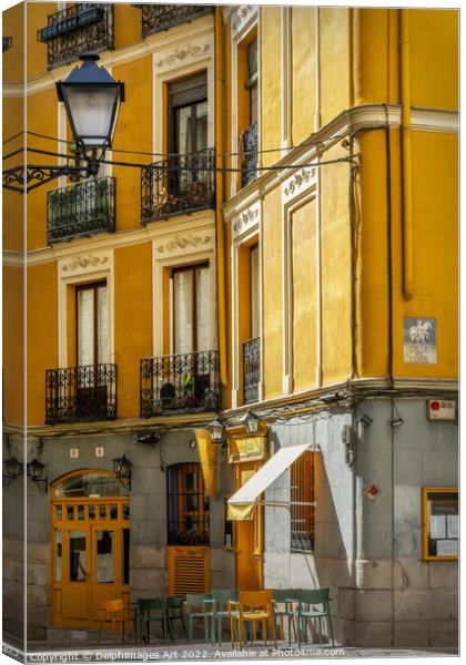 Madrid old town yellow street, Spain Canvas Print by Delphimages Art