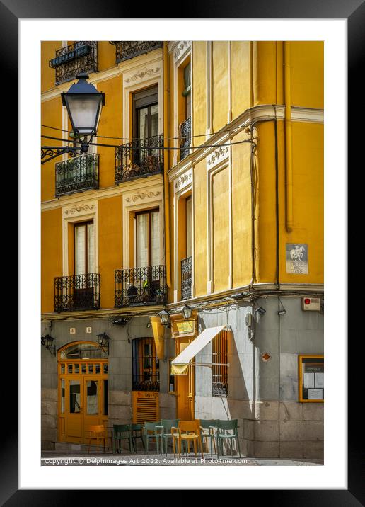 Madrid old town yellow street, Spain Framed Mounted Print by Delphimages Art