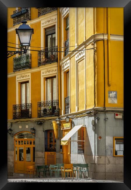 Madrid old town yellow street, Spain Framed Print by Delphimages Art