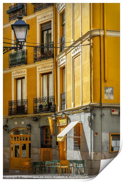 Madrid old town yellow street, Spain Print by Delphimages Art
