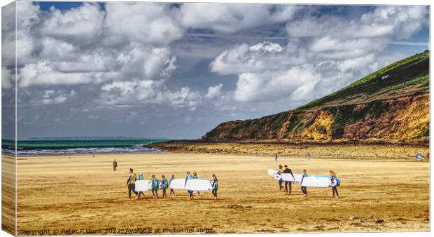 Surf School Heading For The Surf At Saunton Sands Canvas Print by Peter F Hunt