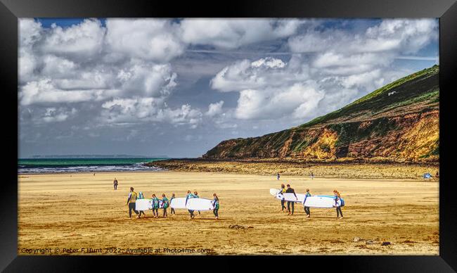 Surf School Heading For The Surf At Saunton Sands Framed Print by Peter F Hunt