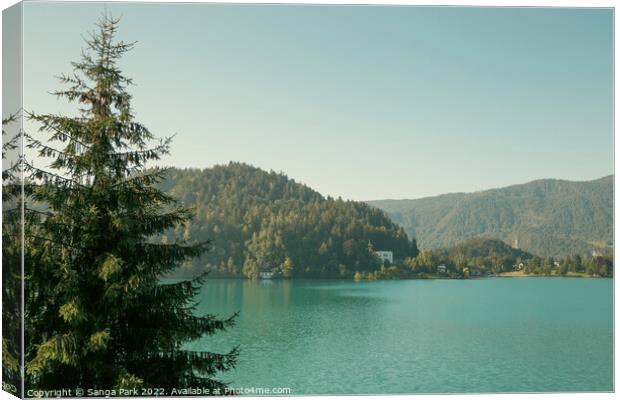 Lake Bled and mountains in Slovenia Canvas Print by Sanga Park