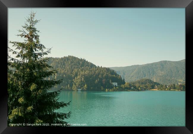 Lake Bled and mountains in Slovenia Framed Print by Sanga Park