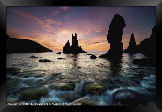 Mangersta sea stack formations Silhouette at Sunset  Framed Print by Scotland's Scenery