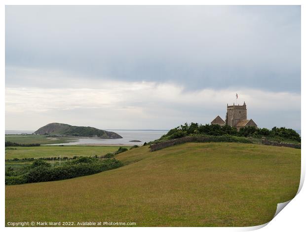 The Church of St Nicholas in Uphill and Brean Down. Print by Mark Ward