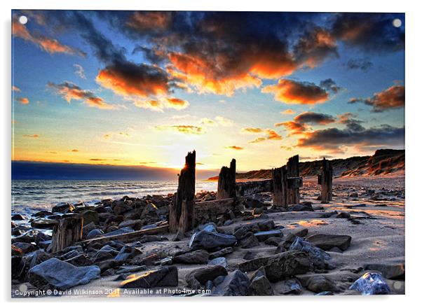Old Groynes Sunset Acrylic by Dave Wilkinson North Devon Ph