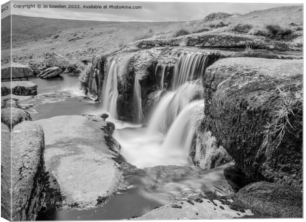 The East Dart Waterfall in Mono Canvas Print by Jo Sowden