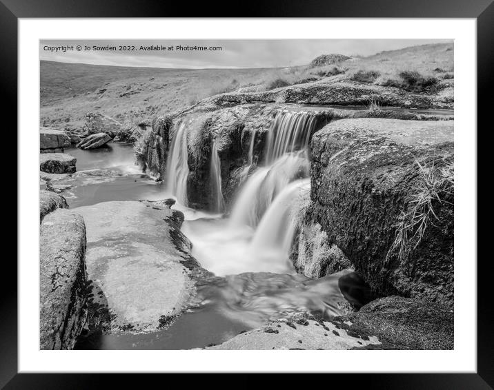 The East Dart Waterfall in Mono Framed Mounted Print by Jo Sowden