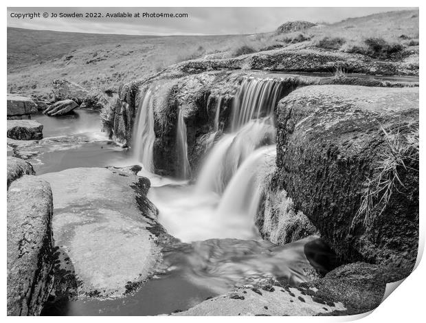 The East Dart Waterfall in Mono Print by Jo Sowden