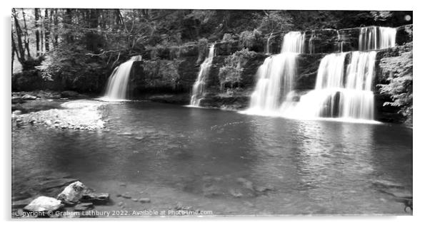 Four Falls Trail, Powys, Wales - monochrome Acrylic by Graham Lathbury