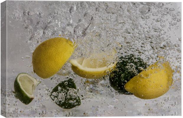 lemon and limes splashing about Canvas Print by kathy white
