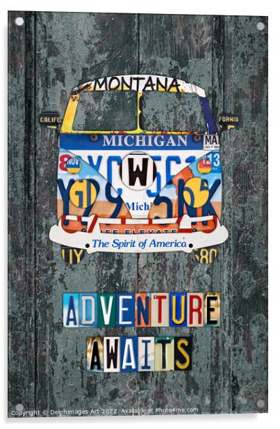 Vintage bus, license plates, adventure Acrylic by Delphimages Art