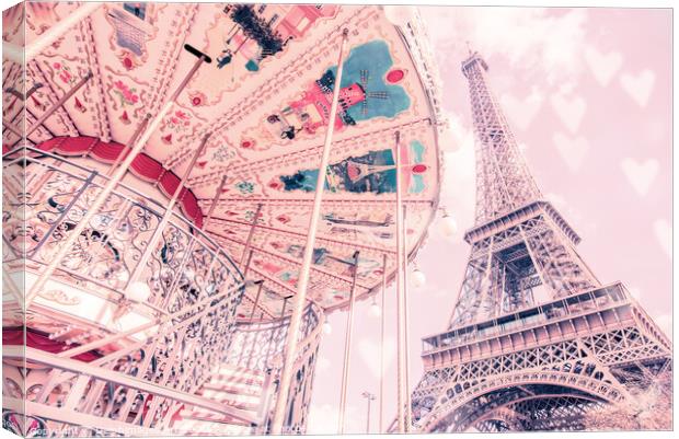 Paris, Eiffel tower and romantic carousel Canvas Print by Delphimages Art