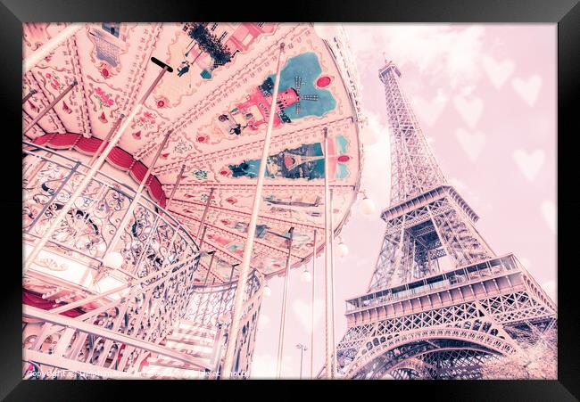 Paris, Eiffel tower and romantic carousel Framed Print by Delphimages Art
