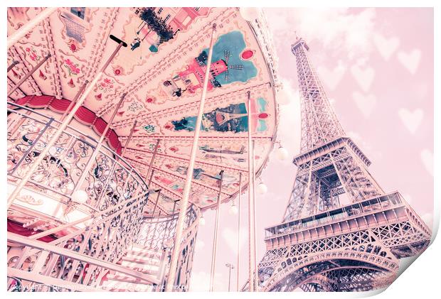 Paris, Eiffel tower and romantic carousel Print by Delphimages Art