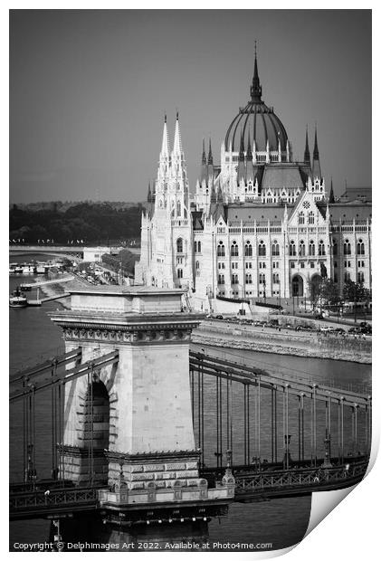 Budapest parliament and Chain bridge Print by Delphimages Art