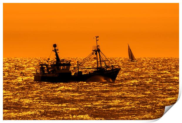 Trawler Fishing Boat at Sunset Print by Arterra 
