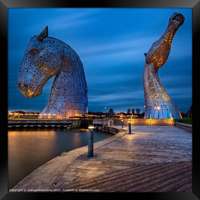 The Kelpies at Helix Park, Falkirk in Ukraine colours Framed Print by George Robertson