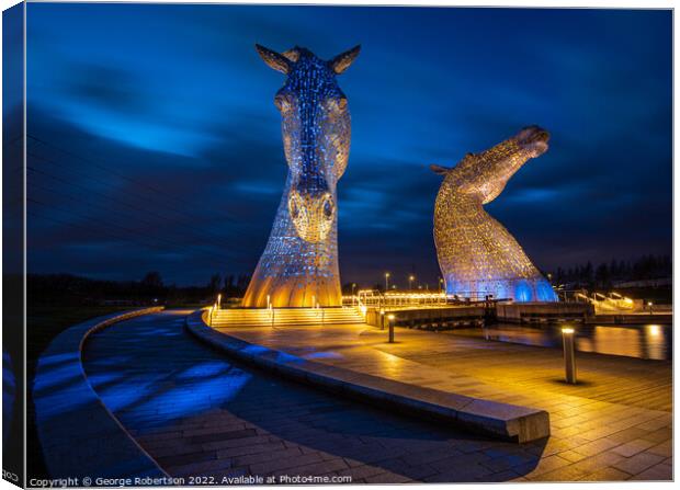 The Kelpies in Blue and Yellow colours in support of Ukraine Canvas Print by George Robertson