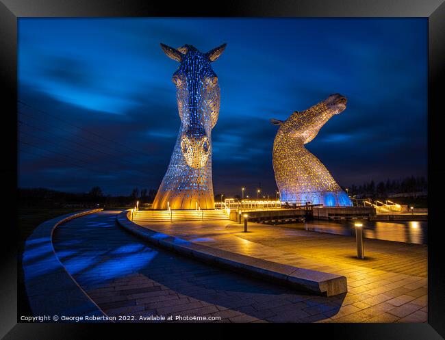 The Kelpies in Blue and Yellow colours in support of Ukraine Framed Print by George Robertson