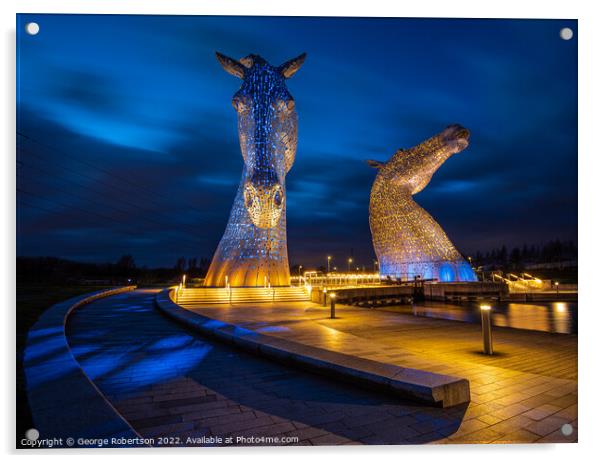 The Kelpies in Blue and Yellow colours in support of Ukraine Acrylic by George Robertson