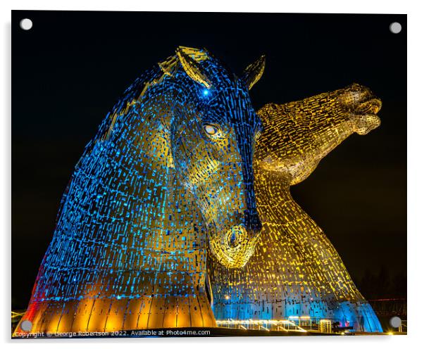 The Kelpies in support of Ukraine are light up in blue and yello Acrylic by George Robertson