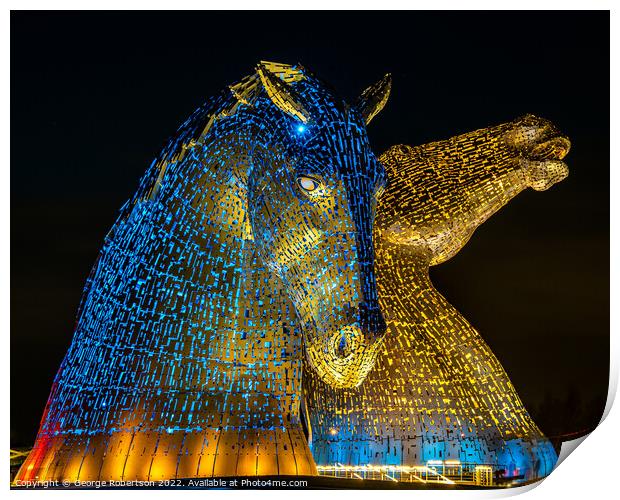 The Kelpies in support of Ukraine are light up in blue and yello Print by George Robertson