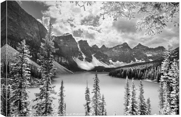 Canada. Moraine lake, black and white Canvas Print by Delphimages Art