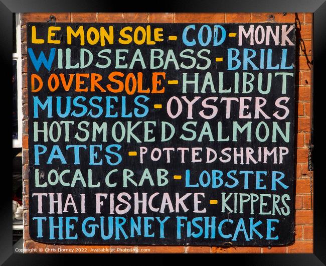List of Fish on the exterior of a Fishmongers in Norfolk, UK Framed Print by Chris Dorney