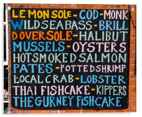 List of Fish on the exterior of a Fishmongers in Norfolk, UK Acrylic by Chris Dorney