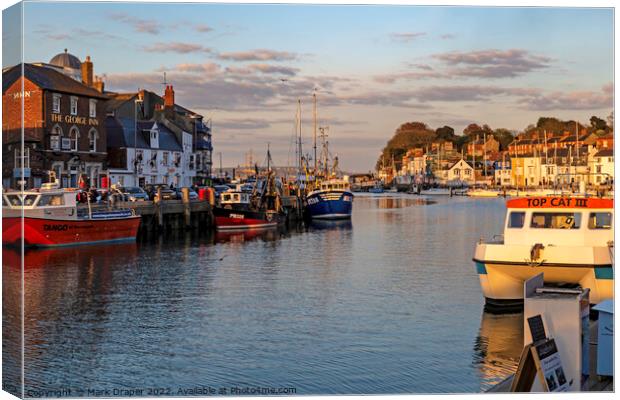 Fishing Vessels at sunset in Weymouth Harbour Canvas Print by Mark Draper