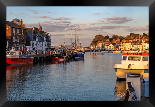 Fishing Vessels at sunset in Weymouth Harbour Framed Print by Mark Draper