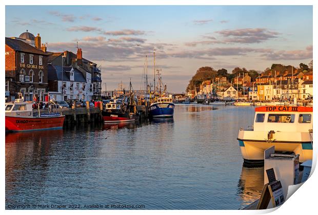 Fishing Vessels at sunset in Weymouth Harbour Print by Mark Draper
