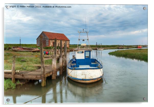 A fishing boat moored at a wodden jetty at Thornham Acrylic by Helen Hotson