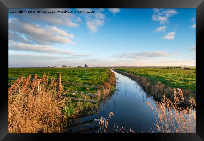 Looking out to Halvergate Mill on Berney Marshes  Framed Print by Helen Hotson