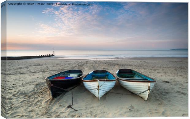 Boats on Bournemouth Beach Canvas Print by Helen Hotson