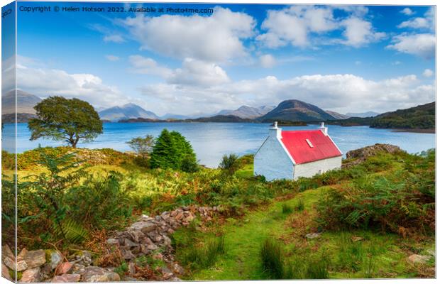 A pretty red roofed croft on the Applecross Peninsula Canvas Print by Helen Hotson