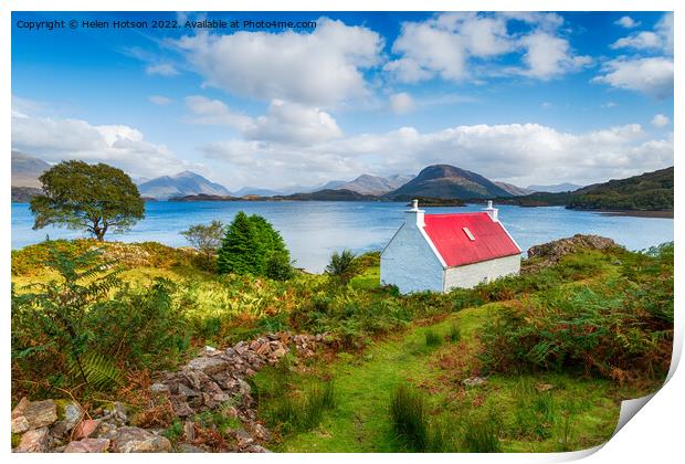 A pretty red roofed croft on the Applecross Peninsula Print by Helen Hotson